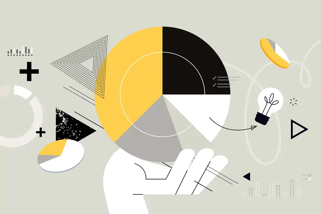Illustration of a hand holding a pie chart with a lightbulb idea