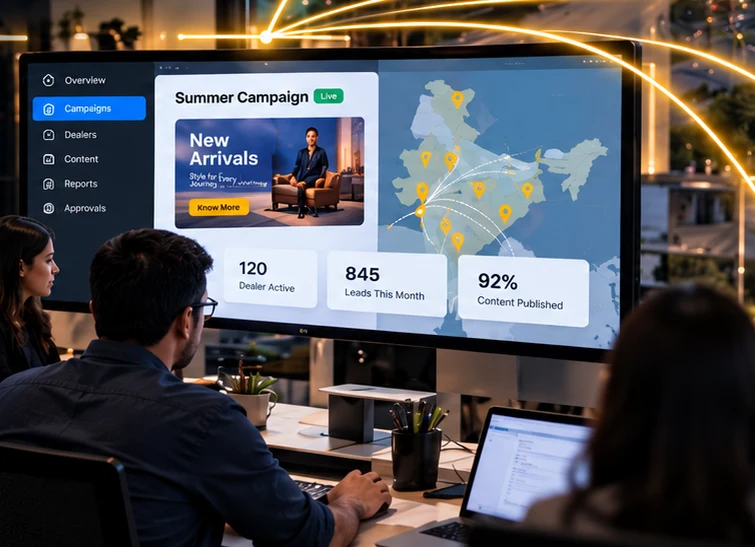 Brand head office team running a summer campaign across its dealer network on a large screen