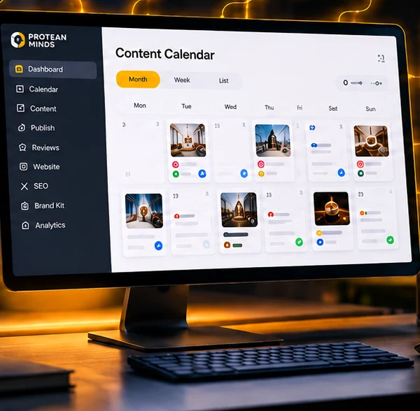 Grow My Business Pro content calendar on a desktop monitor, linked to Google, social, reviews and analytics