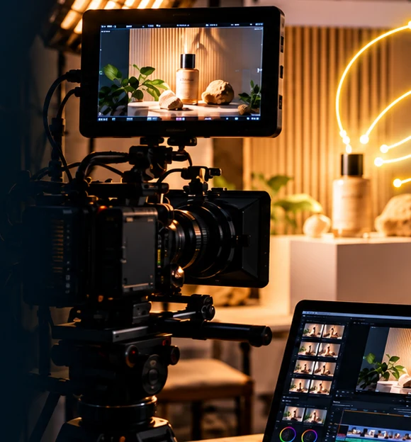 Cinema camera filming a product shoot in a studio, with the edit on a laptop