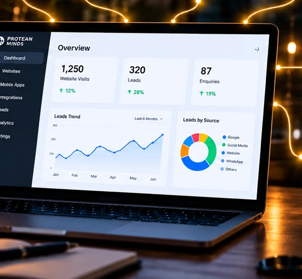 Laptop showing a business dashboard with website visits, leads and enquiries